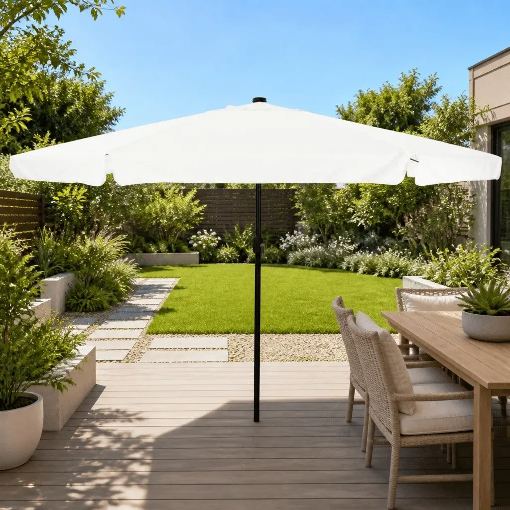 Garden Parasol Polyester Canopy 395cm Sand Anthracite Powder-coated Steel Frame with LED Lighting Crank Handle