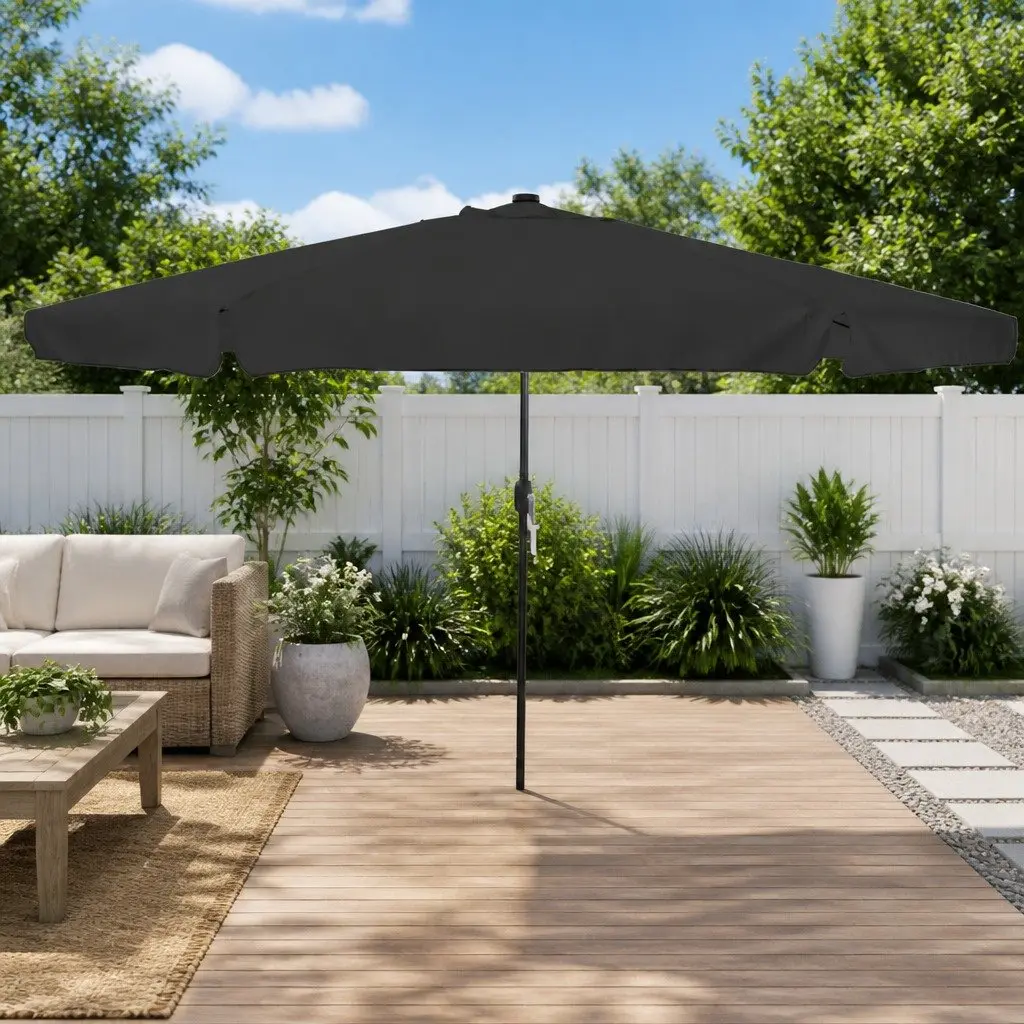 Outdoor Umbrella Square Canopy 395cm Black Polyester with LED Lighting and Crank Handle