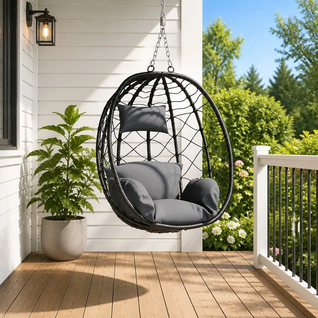 Hanging Egg Chair Poly Rattan Steel 91.5 x 54.5 x 107 cm Anthracite Outdoor Indoor Swing Porch Garden Balcony