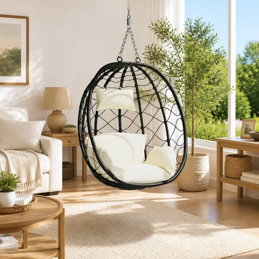 Hanging Egg Chair Ergonomic Steel Cream Indoor Outdoor Swing Seat