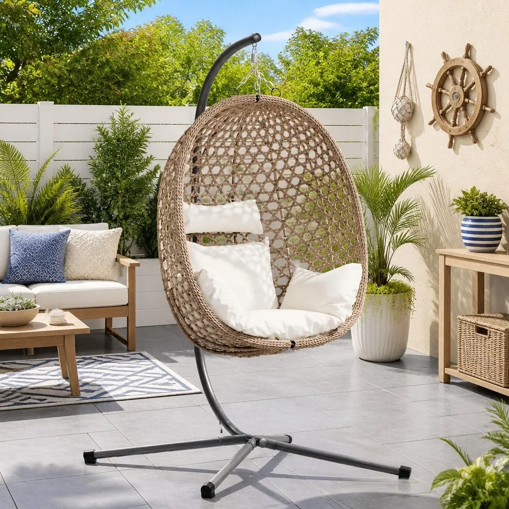 Hanging Egg Chair Poly Rattan Cream Indoor Outdoor Size with Stand