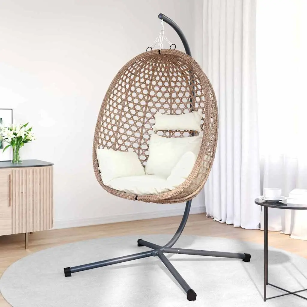 Hanging Egg Chair Poly Rattan Cream Indoor Outdoor Size with Stand