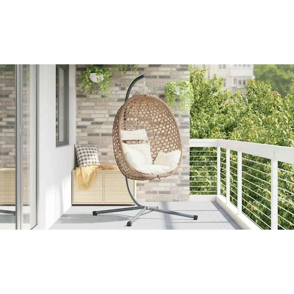 Hanging Egg Chair Poly Rattan Cream Indoor Outdoor Size with Stand