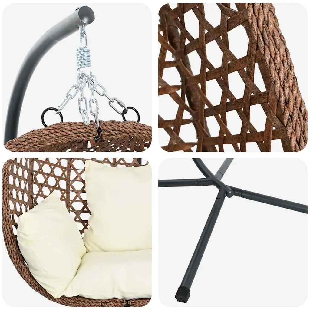 Hanging Egg Chair Poly Rattan Cream Indoor Outdoor Size with Stand