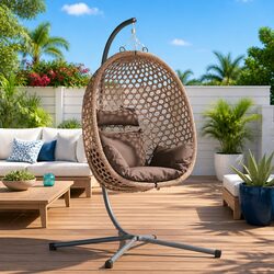 Hanging Egg Chair with Stand Foldable Outdoor Indoor Porch Swing Brown Poly