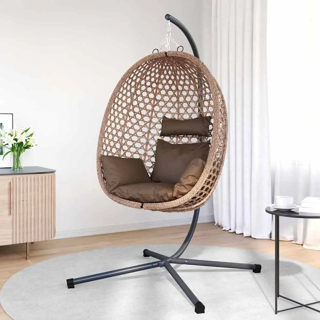 Hanging Egg Chair with Stand Foldable Outdoor Indoor Porch Swing Brown Poly