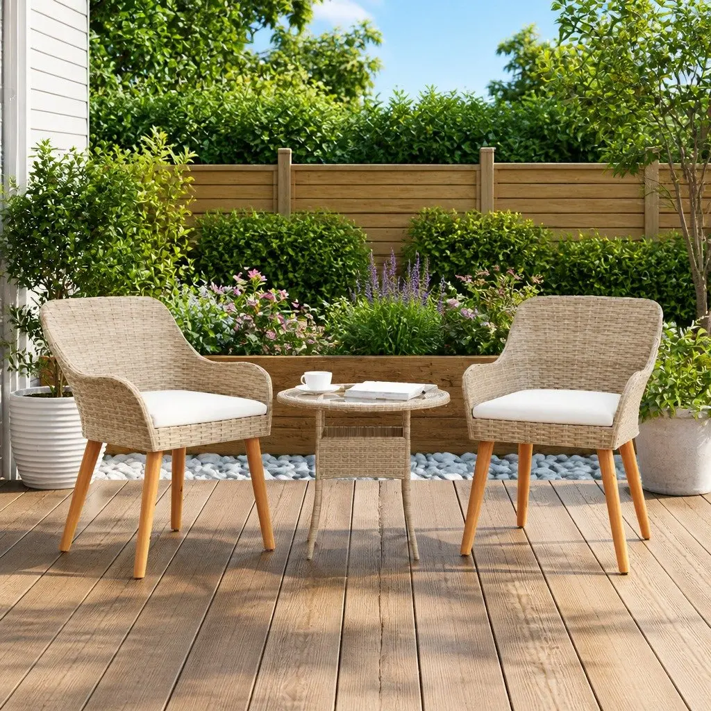 Outdoor Garden Chair Set Poly Rattan Acacia Wood Legs Beige 2 Piece