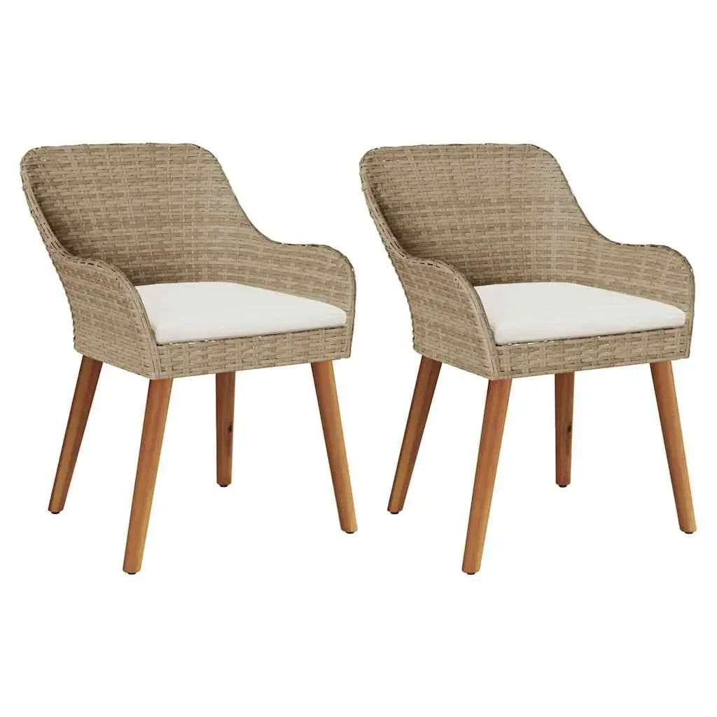 Outdoor Garden Chair Set Poly Rattan Acacia Wood Legs Beige 2 Piece