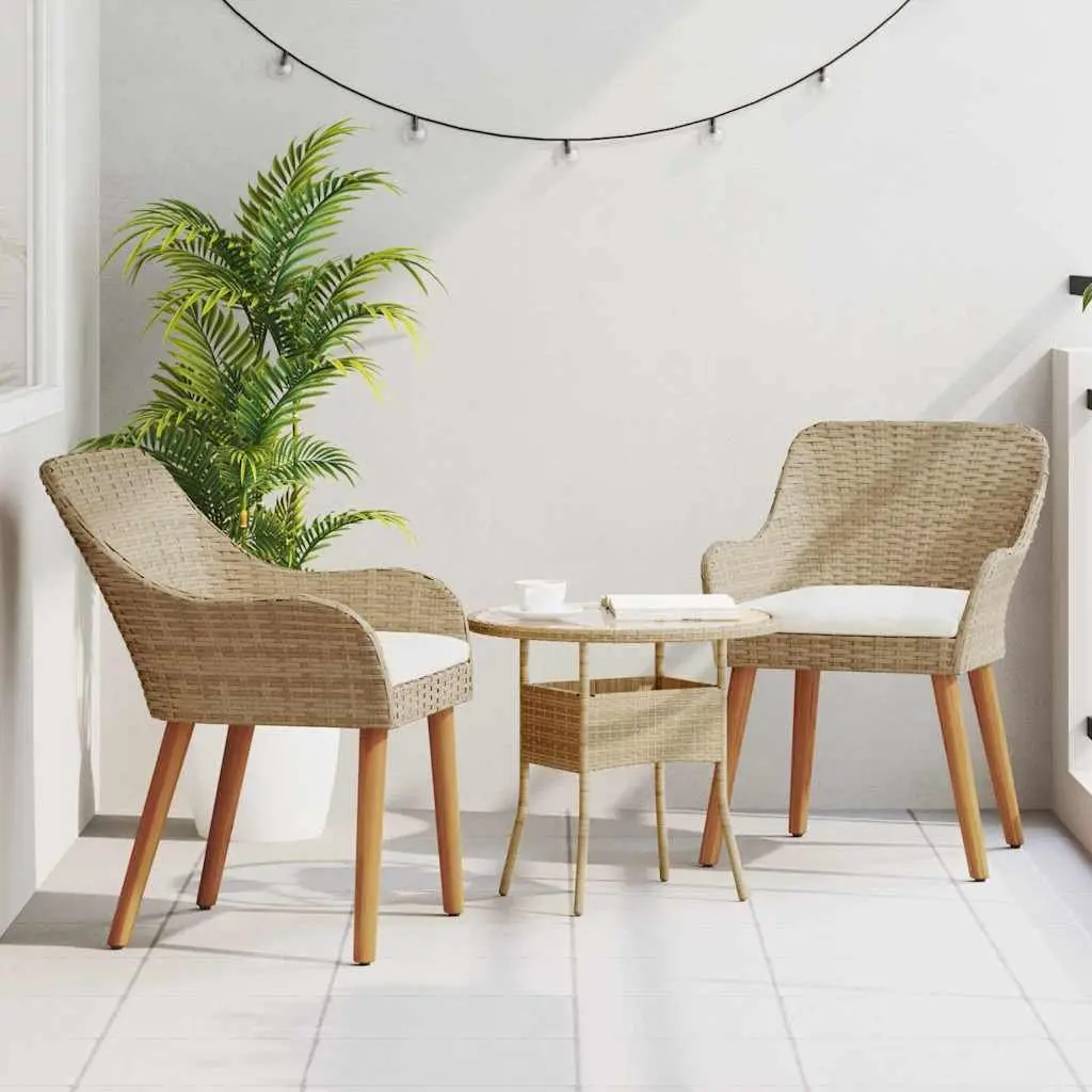 Outdoor Garden Chair Set Poly Rattan Acacia Wood Legs Beige 2 Piece