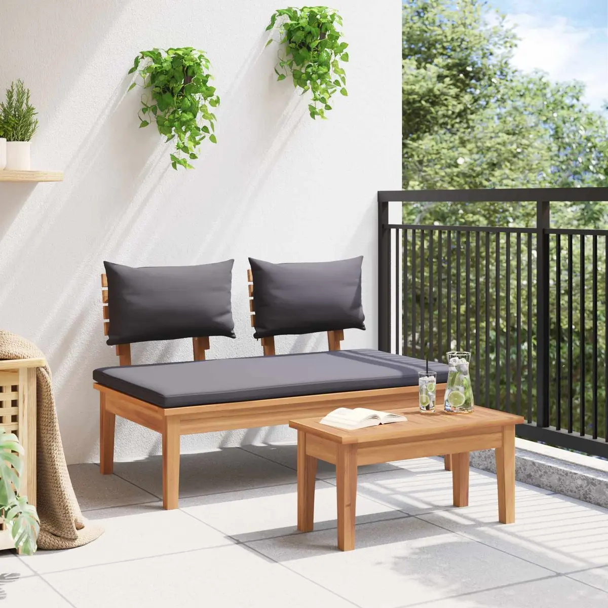 Grey Teak Wood Bench and Table Set