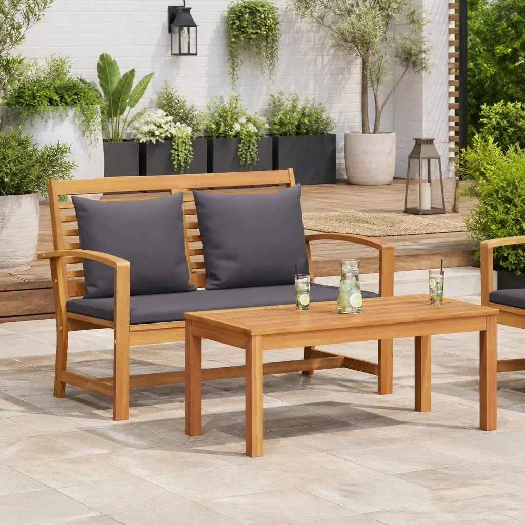 Outdoor Bench Solid Teak Wood Brown Dark Grey Rustic Rectangular Garden Patio Seating