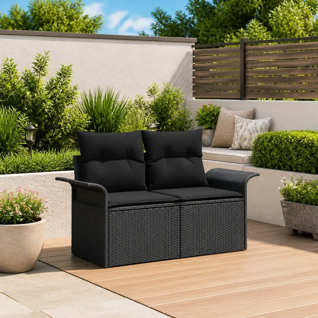 Outdoor Garden Sofa Black Poly Rattan with Cushion Patio Seating Furniture
