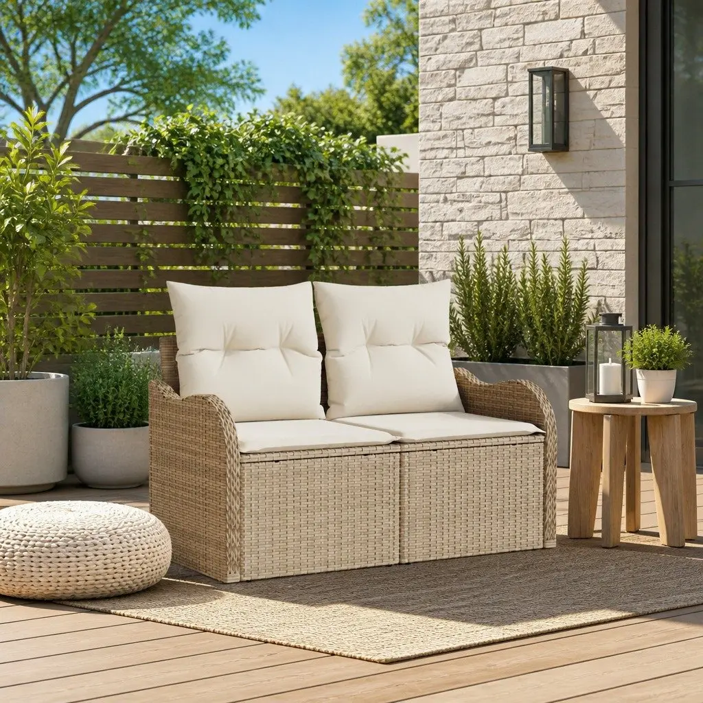 Outdoor Garden Sofa Poly Rattan Beige Steel Frame Cushioned Seating 121 x 62 x 69 cm