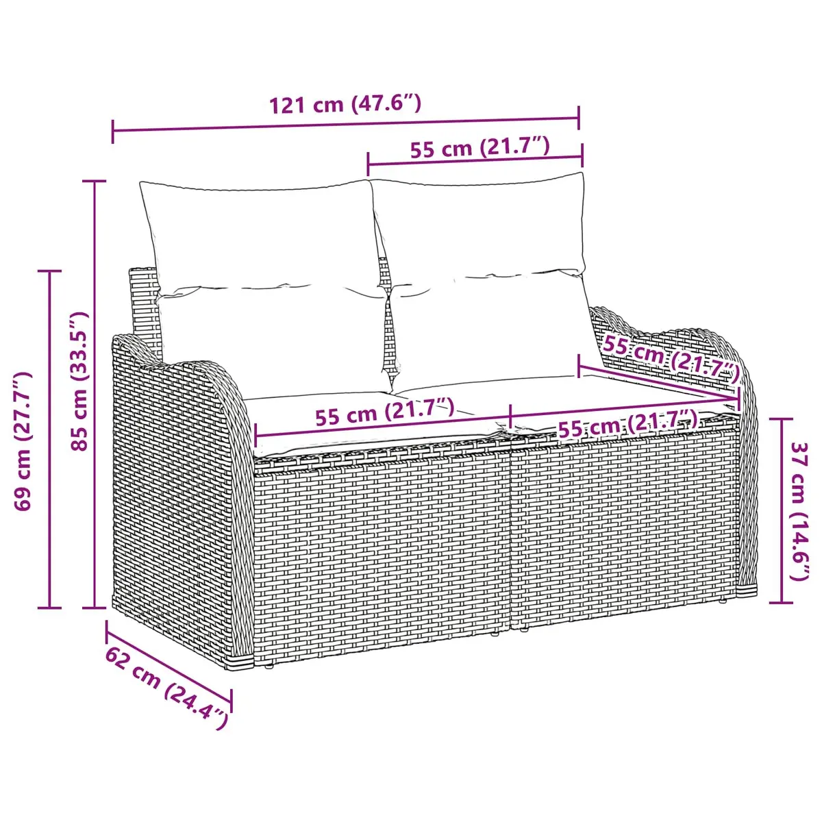 Outdoor Garden Sofa with Cushion Black Poly Rattan Patio Seating Furniture