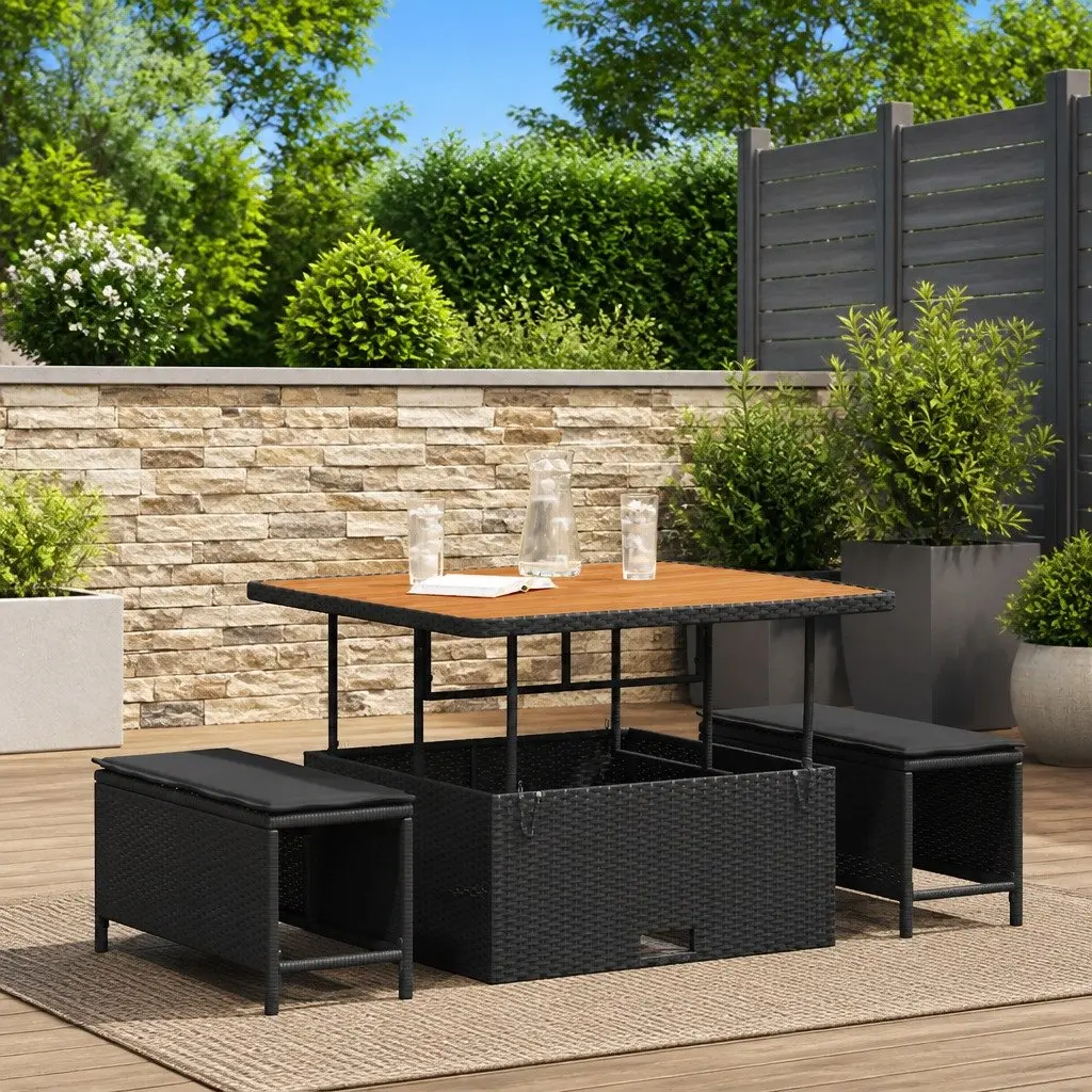 Outdoor Garden Dining Set Poly Rattan Acacia Wood Black