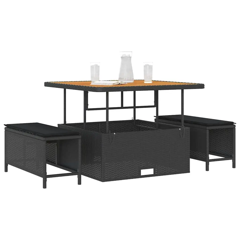 Outdoor Garden Dining Set Poly Rattan Acacia Wood Black