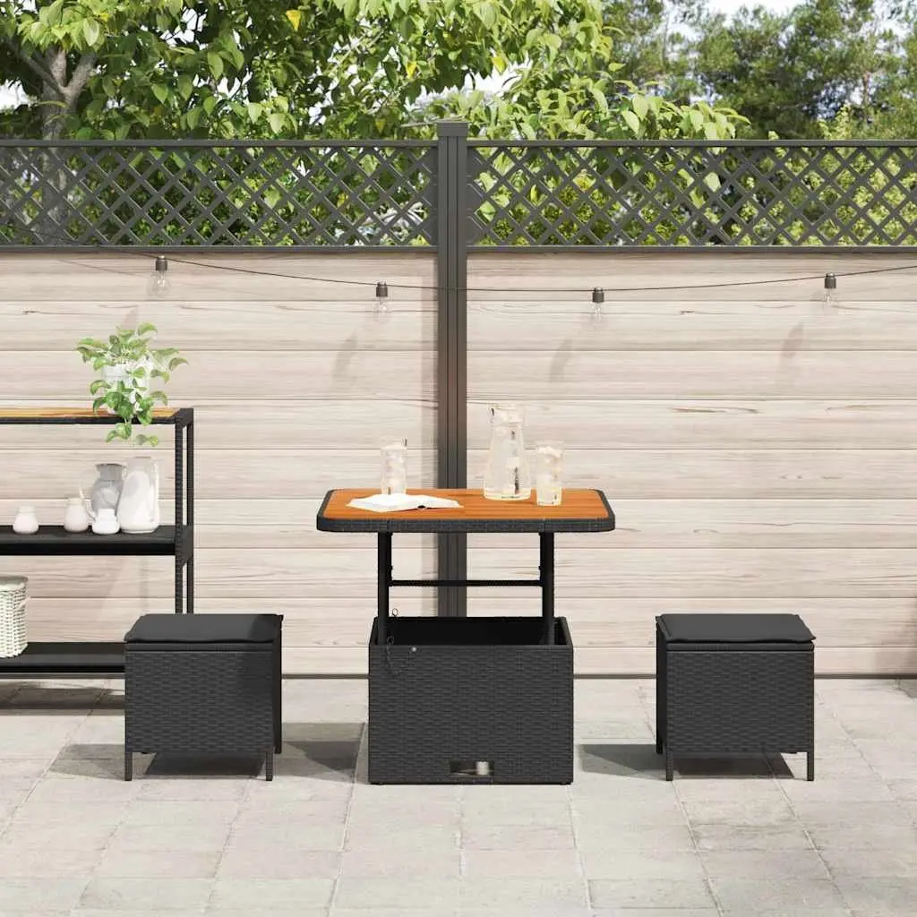Garden Dining Set Poly Rattan Acacia Wood Black Outdoor Furniture