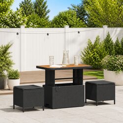 Outdoor Garden Dining Set Black Poly Rattan Acacia Wood Patio Furniture
