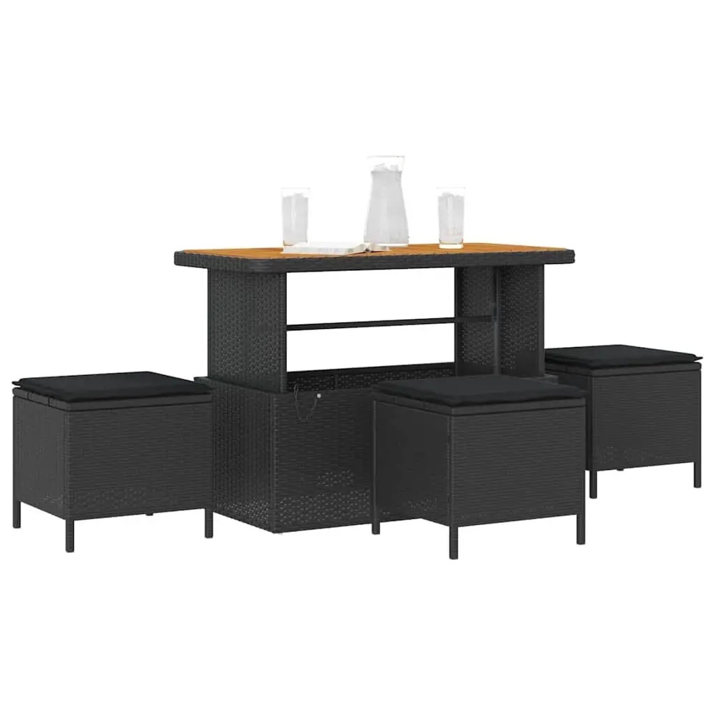 Garden Dining Set Poly Rattan Acacia Wood Black Outdoor Furniture