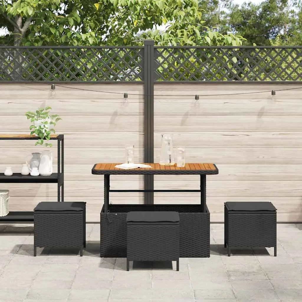 Garden Dining Set Poly Rattan Acacia Wood Black Outdoor Furniture