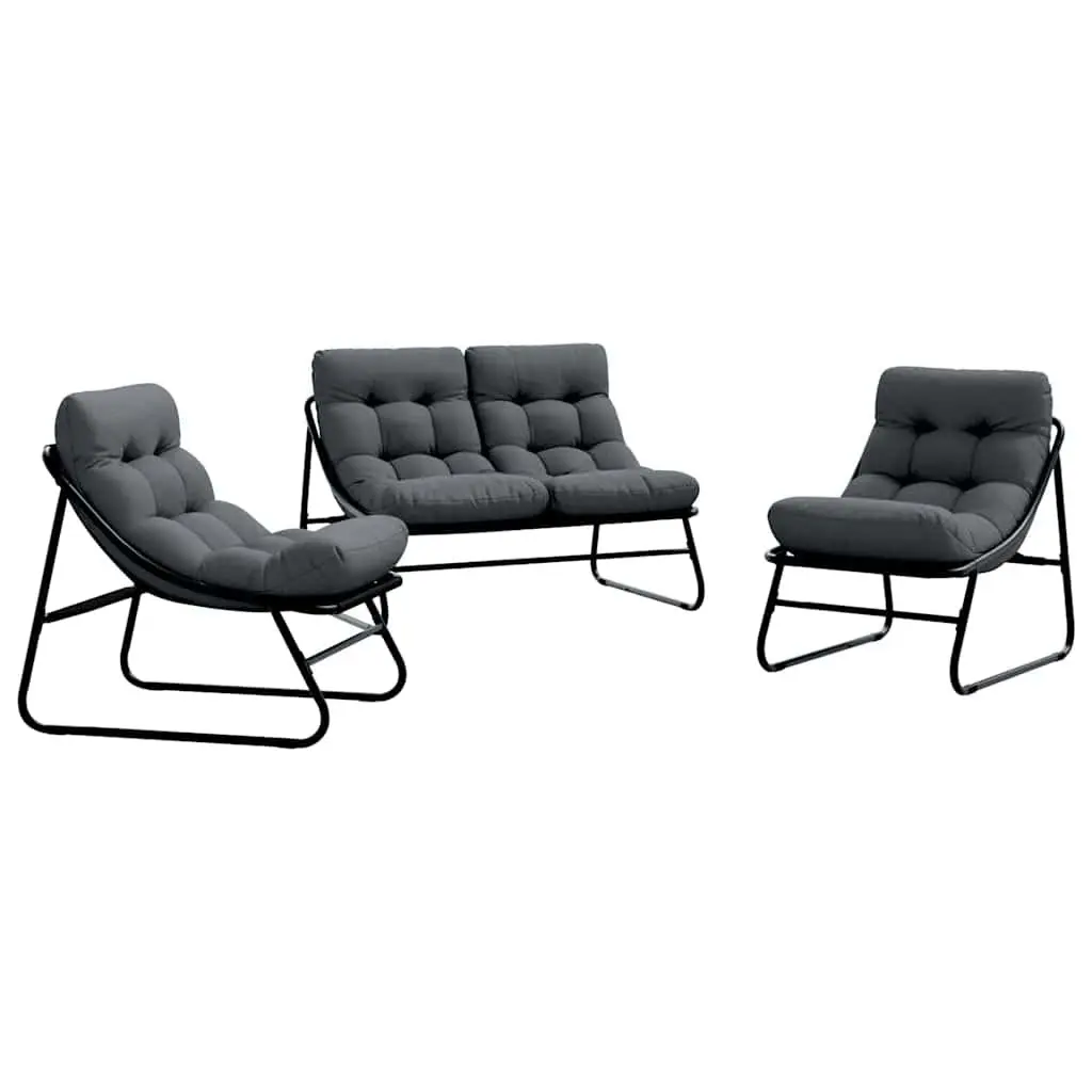 3 Piece Outdoor Seating Set with Cushions Black Powder-Coated Steel Frame