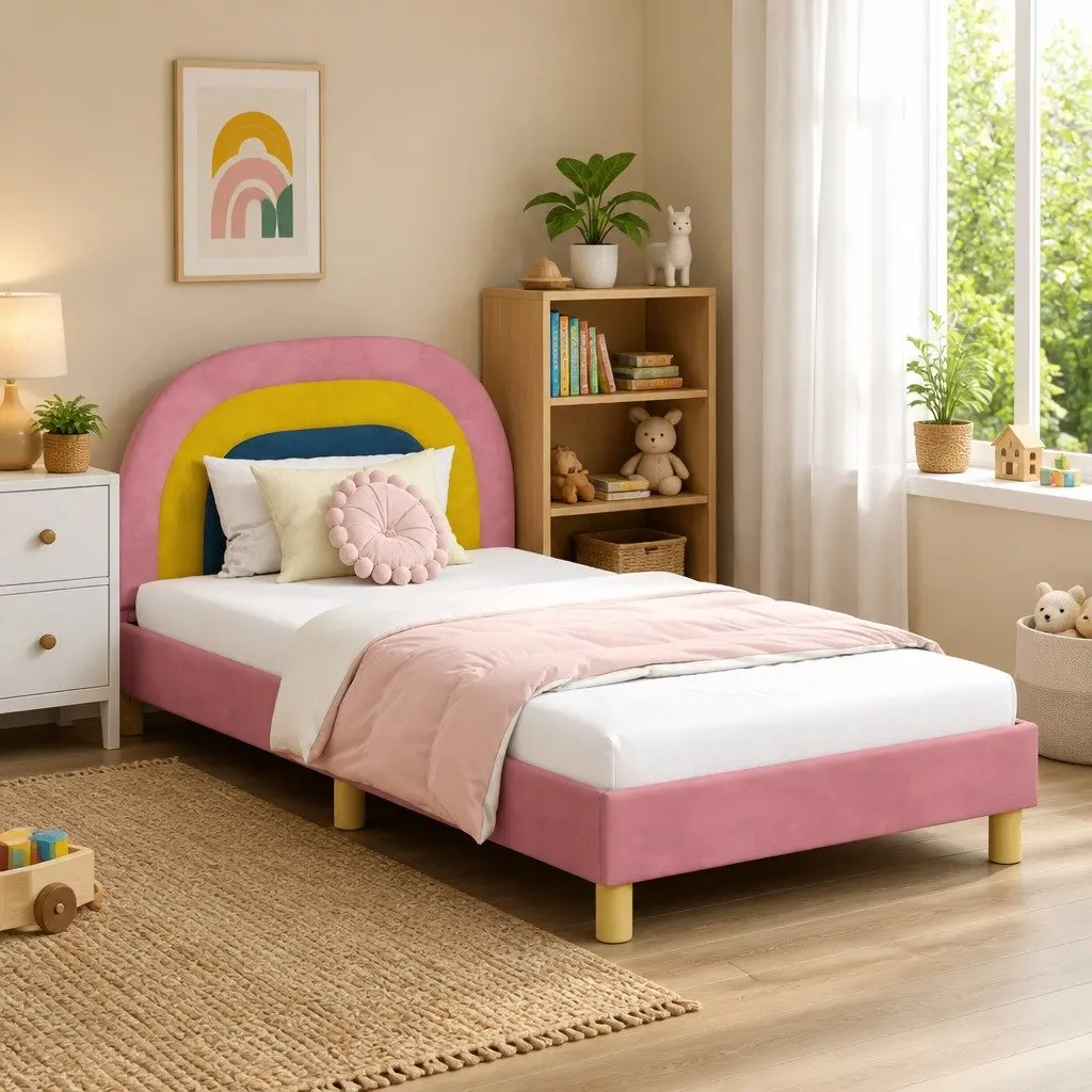 Kids Bed Frame Velvet Touch 90 x 190 cm Pink Slatted Base