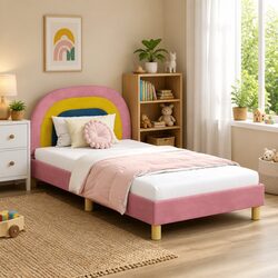 Pink Bed Frame with Headboard for Kids, Ideal for Small Rooms