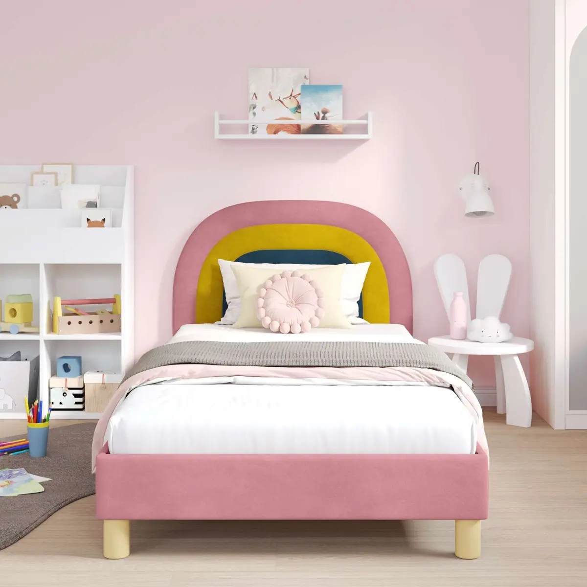 Kids Bed Frame Velvet Touch 90 x 190 cm Pink Slatted Base