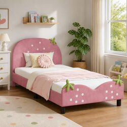 Durable Kids Bed Frame in Pink with Velvet Upholstery