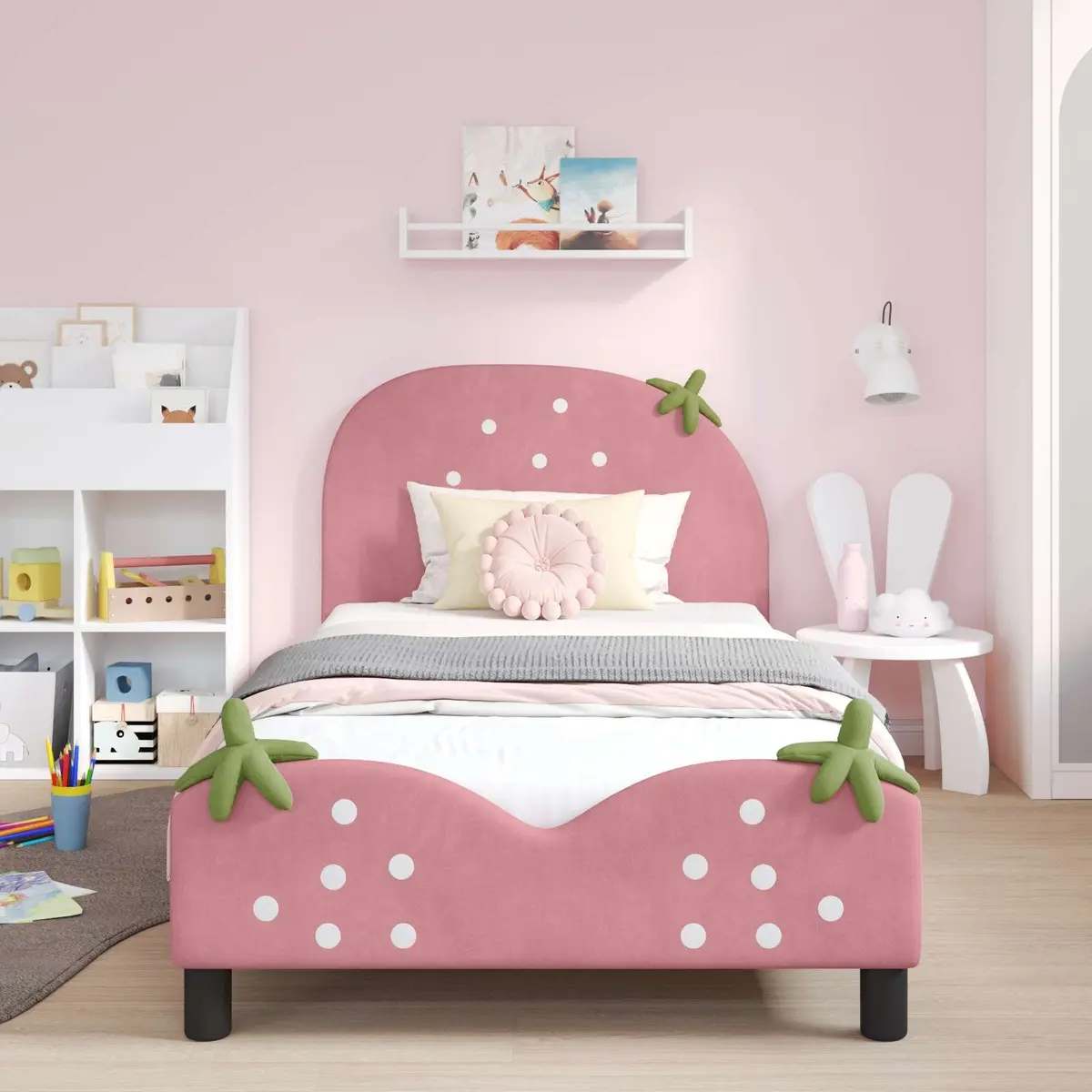 Kids Bed Frame in Pink with Velvet Upholstery