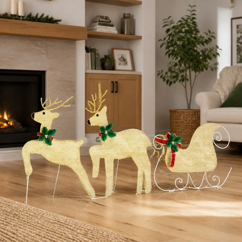 LED Reindeer Decorations Fabric 3 Piece Warm White Christmas Holiday Ornaments