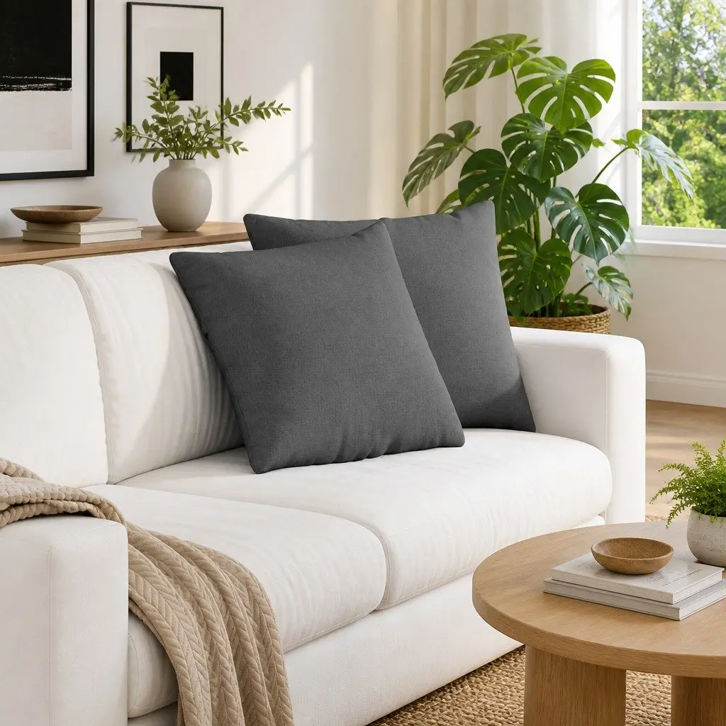 Sofa Cushions Grey Fabric 45x45cm Modern Indoor Decorative Pillows 2 Pieces