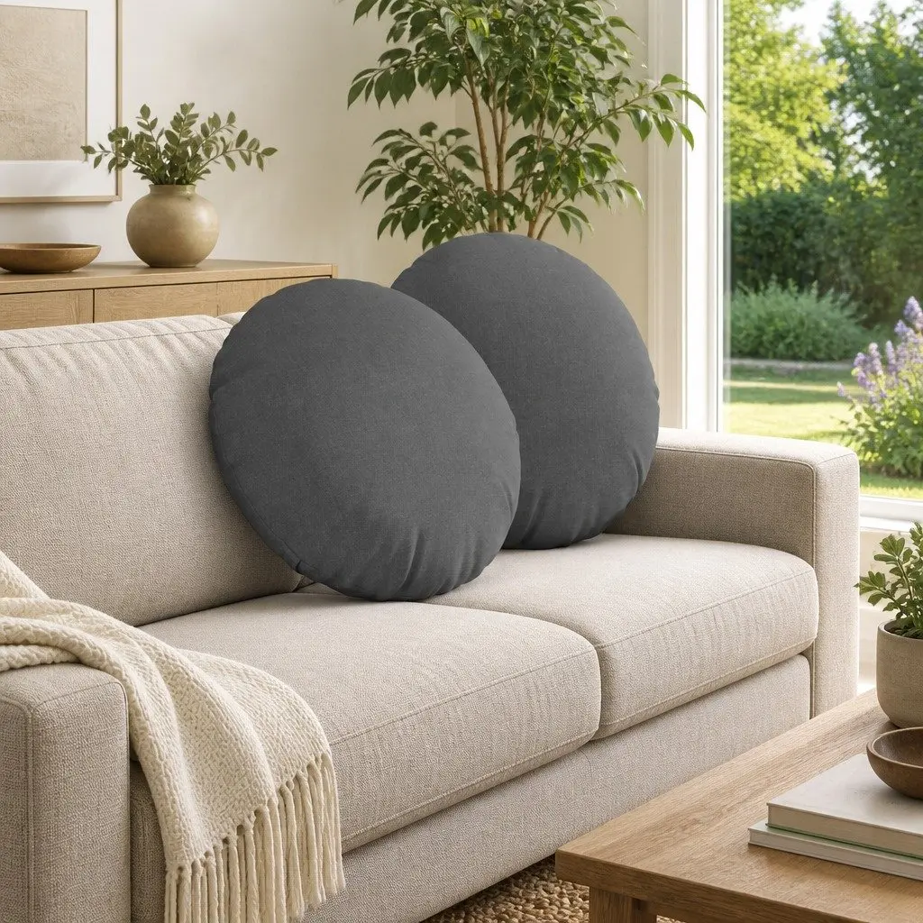 Seat Cushions Fibre Filling Round Ø50 x 19 cm Dark Grey Machine Washable Indoor 2 pcs