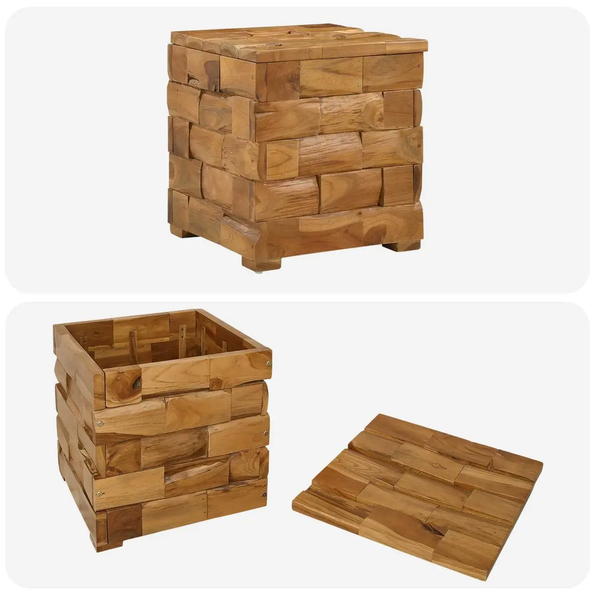 Rectangular Stool Solid Teak Wood Brown Compact Hidden Storage for Bedroom Lounge Entryway