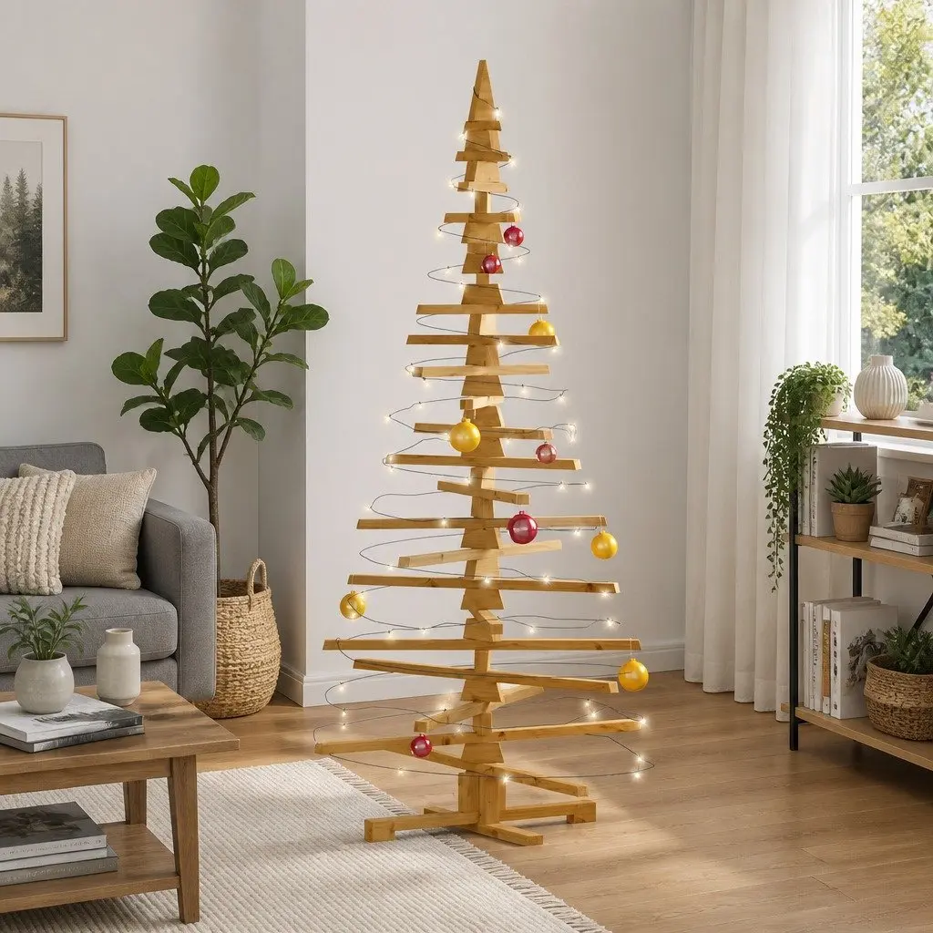 Wooden Christmas Tree Solid Pine 180cm Brown Adjustable Branches DIY