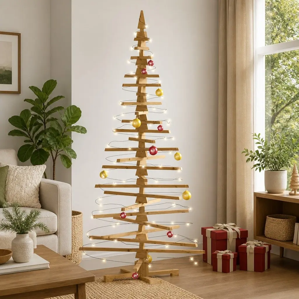 Wooden Christmas Tree Solid Pine 210 cm Brown Adjustable Branches DIY