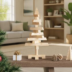 Natural Pine Wood Christmas Tree 60cm with Stand Brown Solid Wooden Holiday