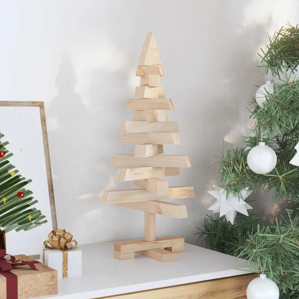 Natural Pine Wood Christmas Tree 60cm with Stand Brown Solid Wooden Holiday