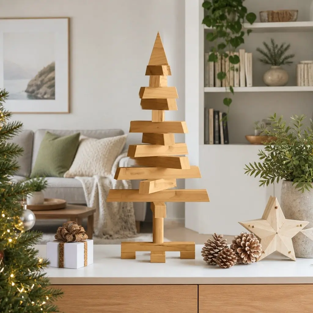 Wooden Christmas Tree Solid Pine 60cm Brown Seasonal Home Garden Decor