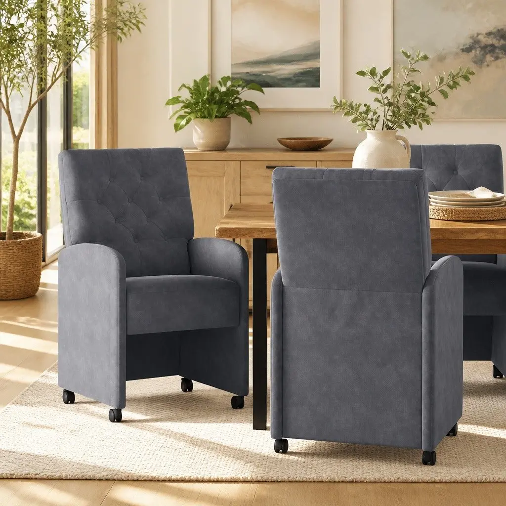 Dining Chairs with Wheels Velvet Upholstered Dark Grey Plywood and Metal 2 Piece Set