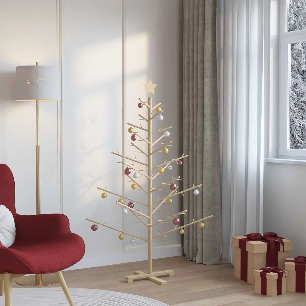 Wooden Christmas Tree with Stand Natural 150cm Solid Pine Indoor Holiday