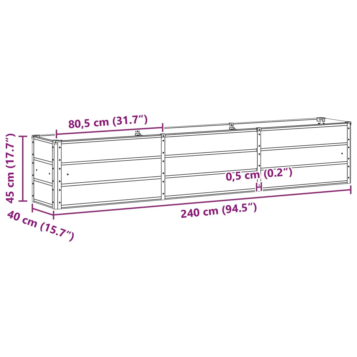 Steel Garden Planter Light Grey 240x40x45cm Indoor Outdoor Patio Flower Pot