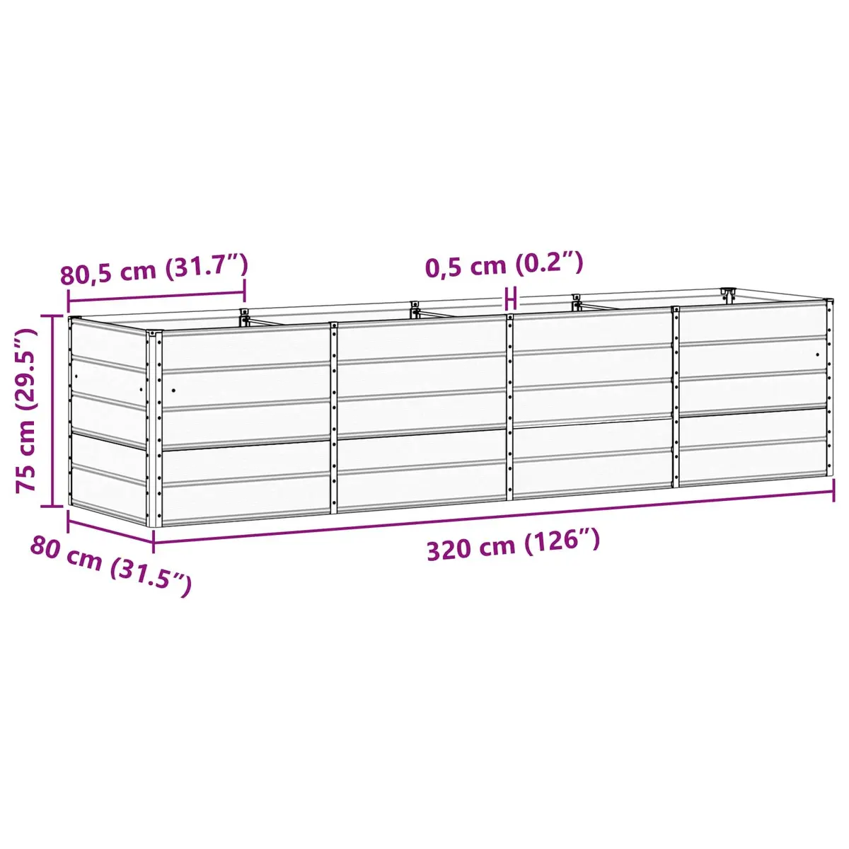 Steel Planter Light Grey 320x80x75cm Modern Garden Outdoor Indoor Flower Pot