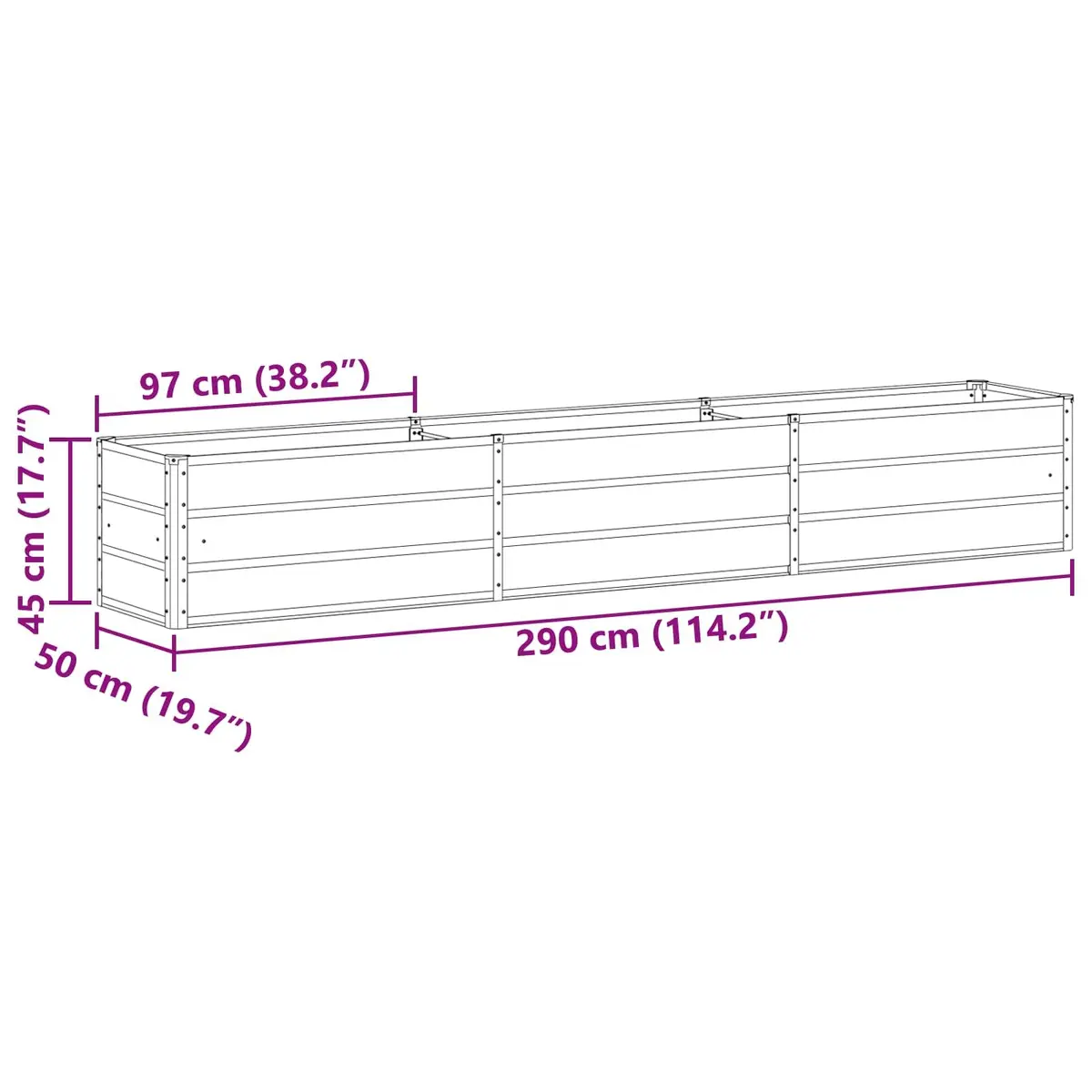Galvanised Steel Planter Light Grey 290 x 50 x 45 cm Garden Outdoor Raised Bed