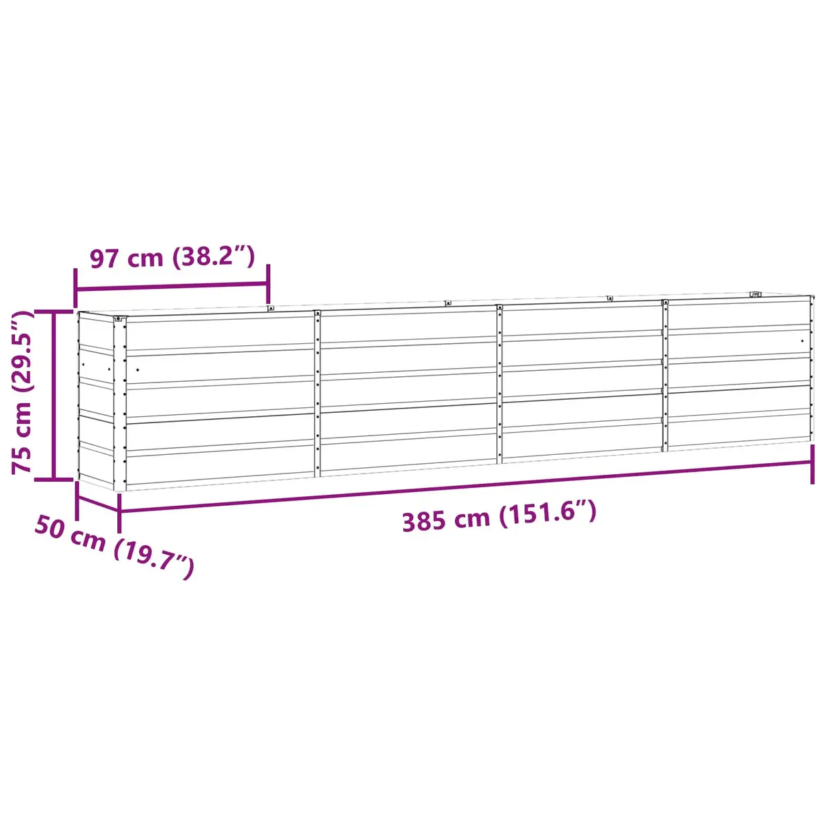 Steel Planter Galvanised Steel 385 x 50 x 75 cm Light Grey Outdoor Garden Raised Bed Pot