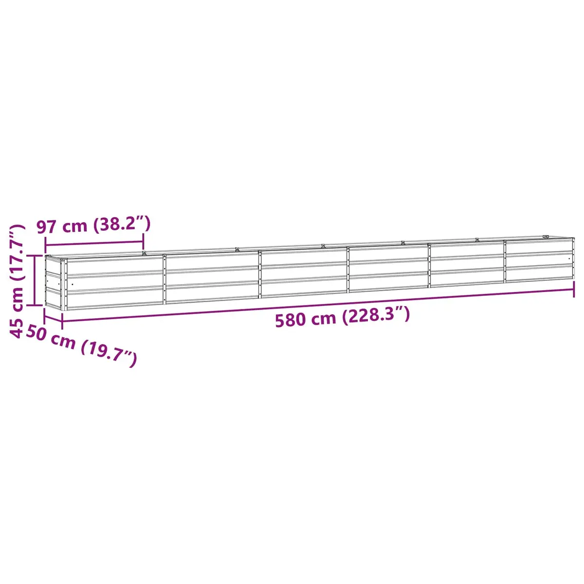 Light Grey Galvanised Steel Raised Bed Planter 580 x 50 x 45 cm Durable Outdoor Garden and Terrace