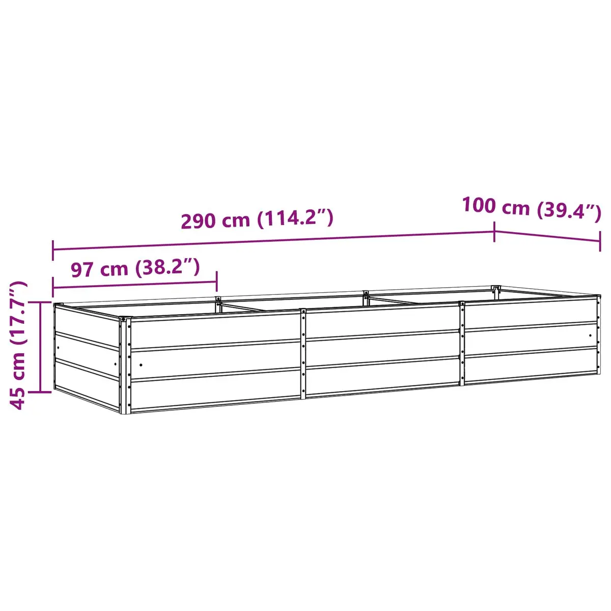 Steel Planter Outdoor Raised Bed Light Grey 290cm x 100cm x 45cm Galvanised Suitable for Garden and Terrace Use