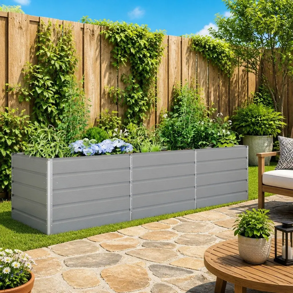 Galvanised Steel Outdoor Planter Large Light Grey 290x100x75cm Durable Garden Pot