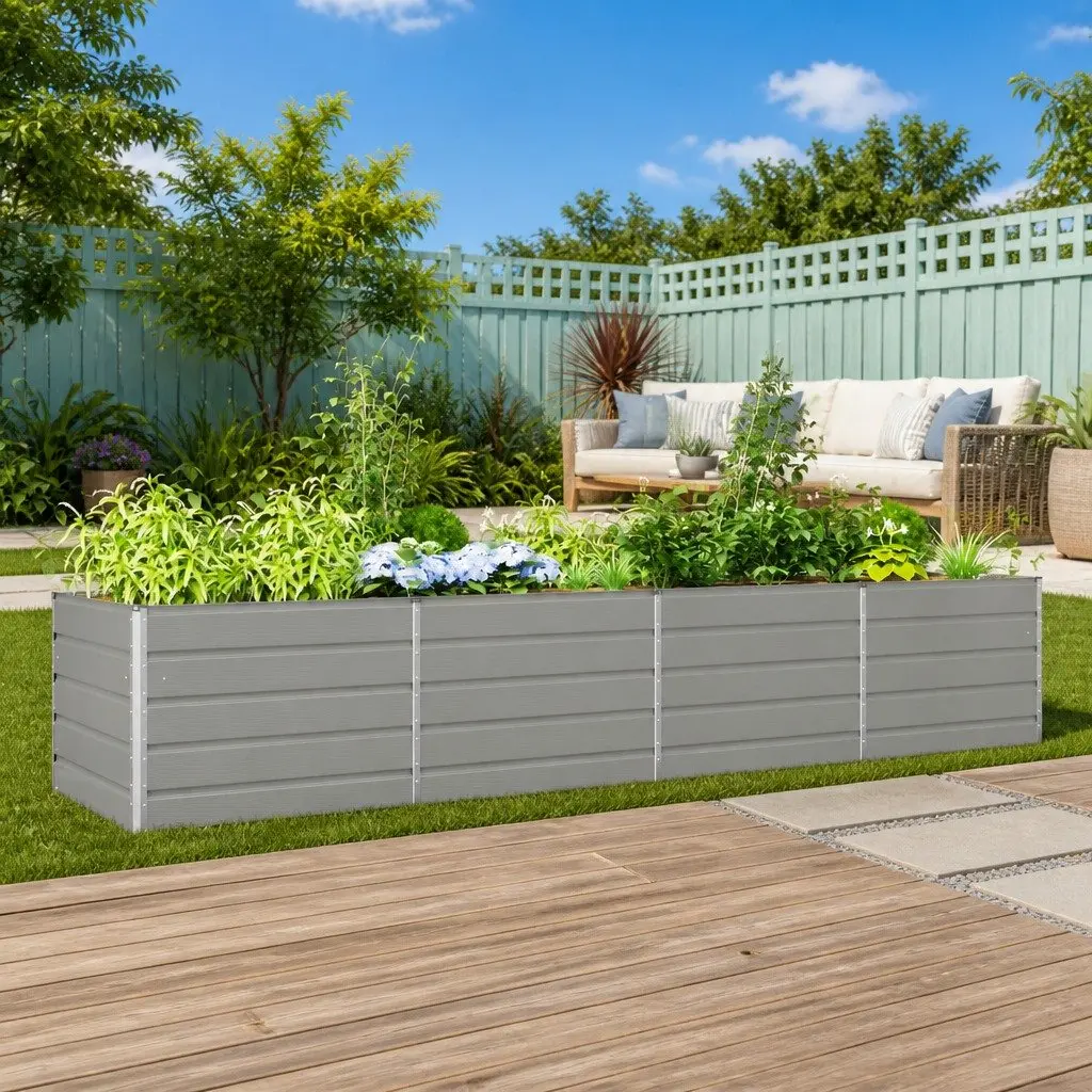 Large Planter Galvanized Steel Light Grey 385 x 100 x 75 cm Outdoor Raised Garden Box