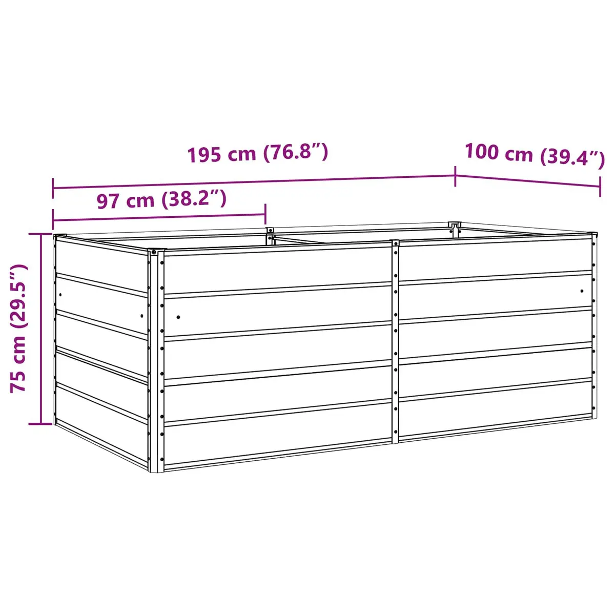 Large Steel Planter Galvanised 195 x 100 x 75 cm Anthracite Outdoor Garden
